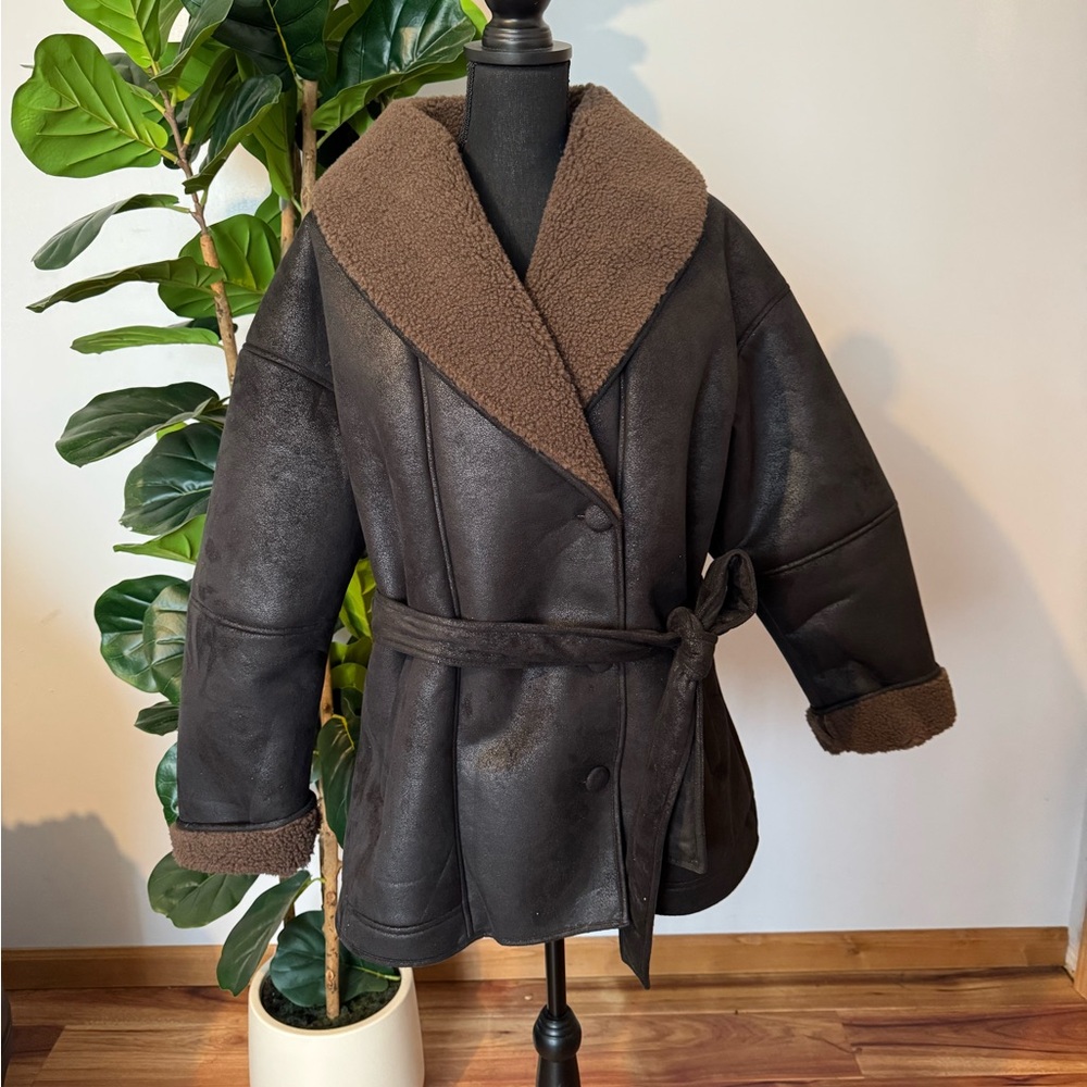 wild fable Dark Brown Shearling-Lined Belted Jacket